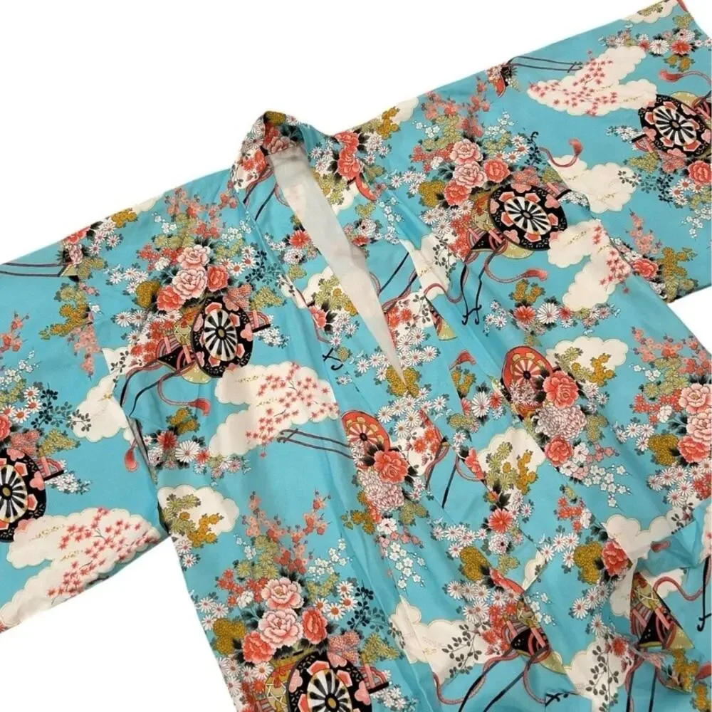 Vintage 1960s Japanese Rayon Kimono Robe Aqua Blue Floral Cloud Print OS -